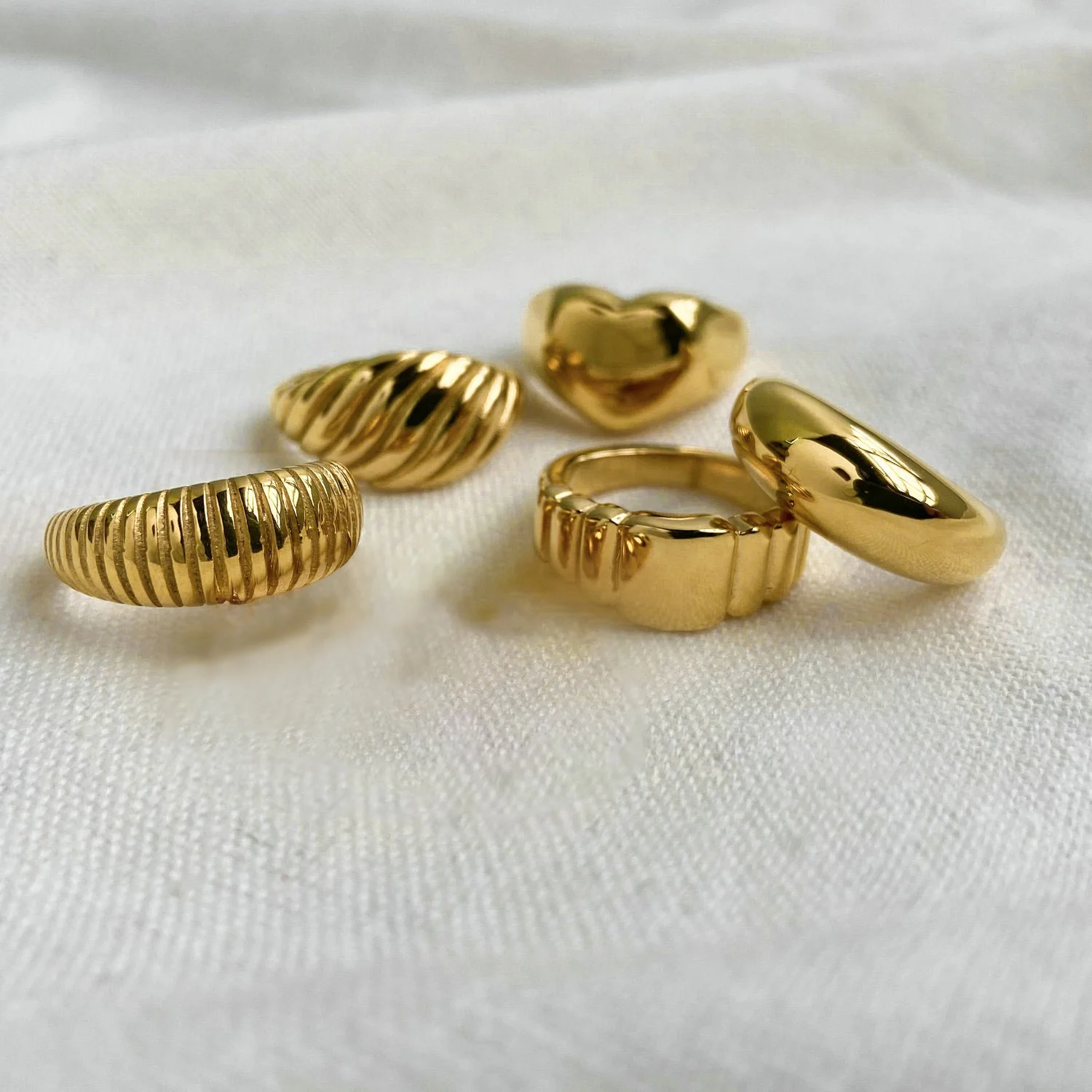 

Croissant Ring 18K Gold IP Plateding Stainless Steel statement Ring Engraved stripes Braided Twisted Rope Signet chunky ring