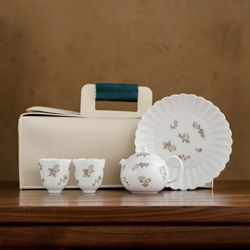 White Porcelain Travel Tea Set Portable Teapot Tea Cup Complete Set One Pot Two Cups With Storage Bag