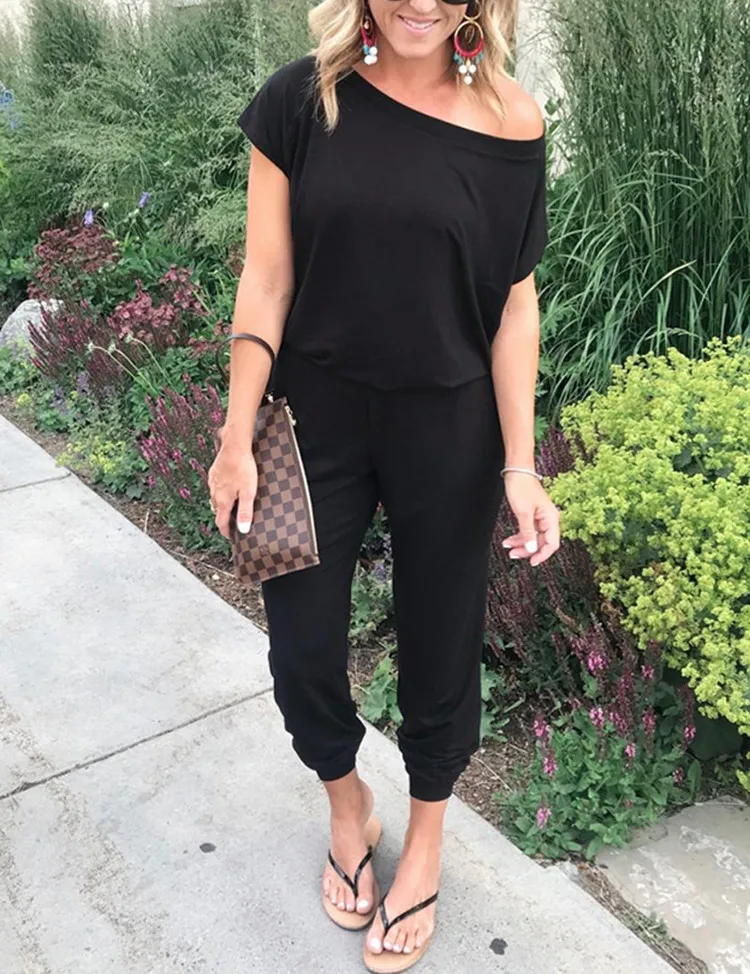 

Women's summer Loose Solid Off Shoulder Elastic Waist Stretchy Long Romper Jumpsuit with Pockets short-sleeved jumpsuit clothing