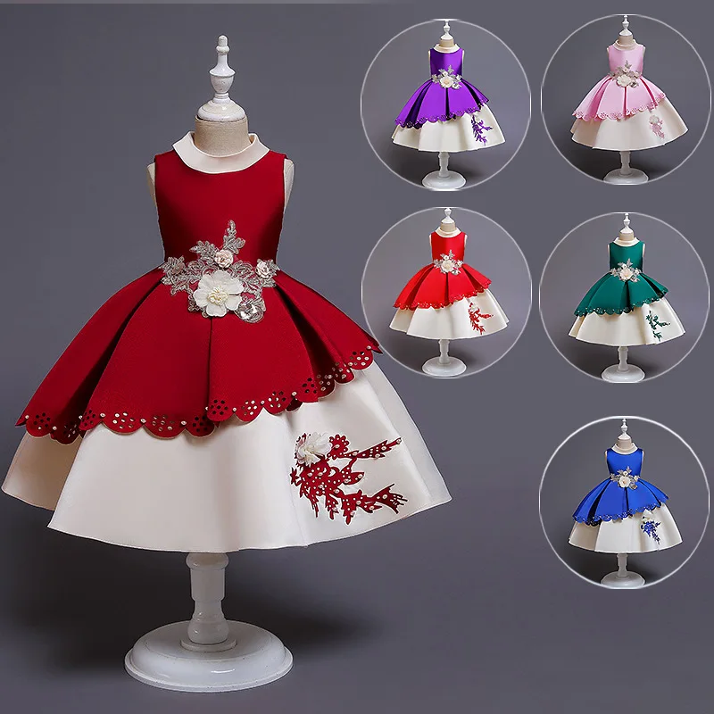 

Hot Selling Girls Dress Kids Satin Flower Dresses Baby Fancy Frocks Designs X1019, Pink,red,purple,green.blue,wine red