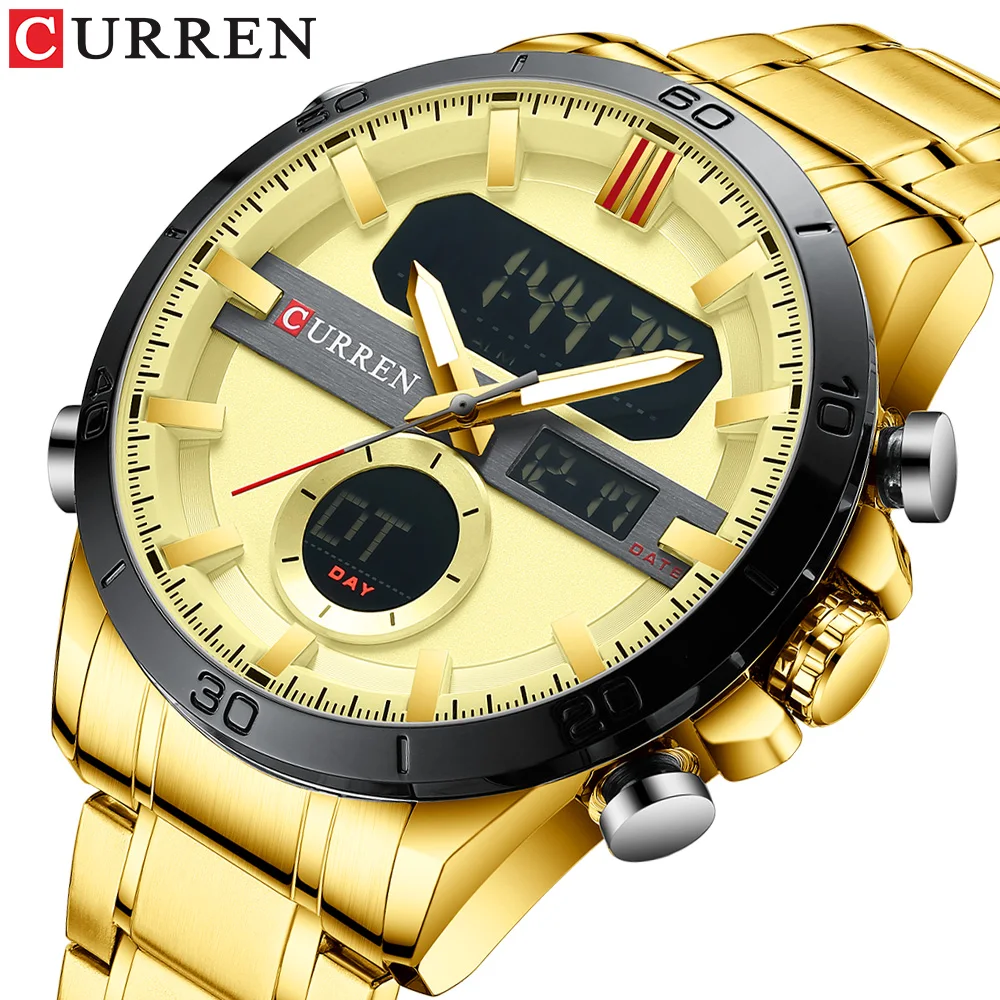 

CURREN 8384 Fashion Sport Gold Digital Watches with Stainless Steel Chronograph Luminous Wristwatch LED Male Wrist Watch For Men