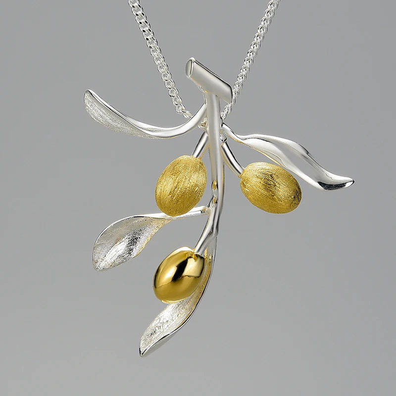 

Lotus Fun Wholesale High End Luxury Jewelry Olive Leaves Branch 925 Sterling Silver Fruit Pendant for Women Jewelry