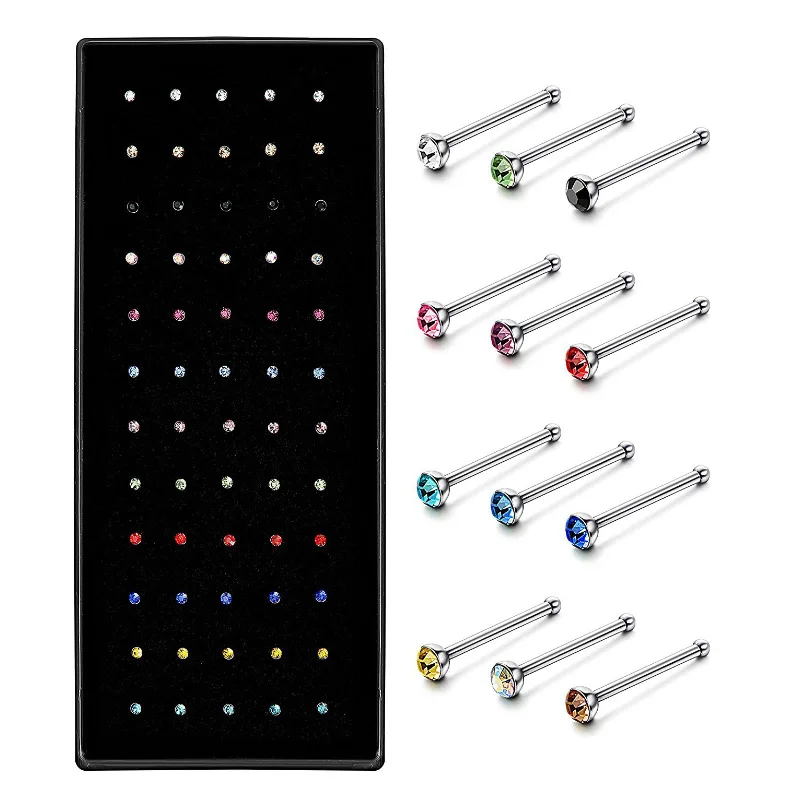 

40/60PCS Stainless Steel Crystal Nose Pack Indian Nose Lot Piercing Set Crystal Nariz Ring Bulk Nose Piercing Stud Jewelry Set