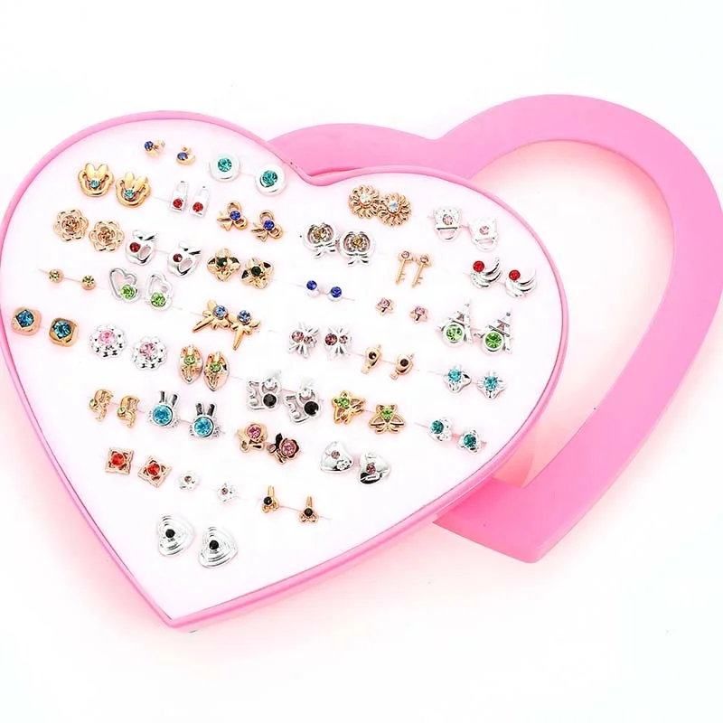

36 pairs Mixed Gold and Silver Elephant Flower Apple Stud Earrings Women Love Pink Heart Box Holding Ears Gift Earring, Picture show