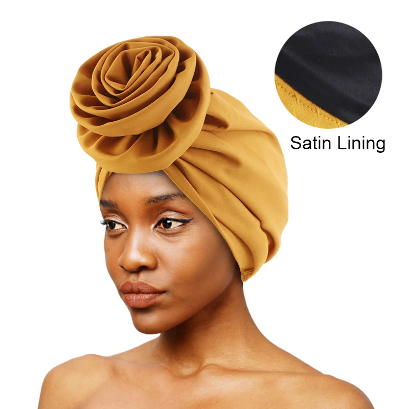 

Double Layers Muslim Cotton Cancer Turban Hat Headscarf Satin Lined 3D Flower Turbans For Women