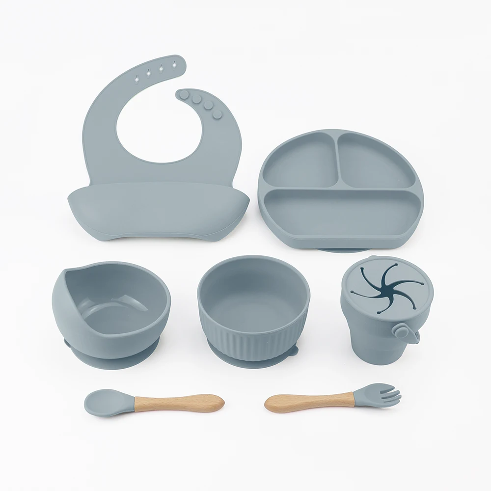 

Microwave Safe Silicone Baby Feeding Set Bib Suction Bowl Plate Spoon Feeding Sets