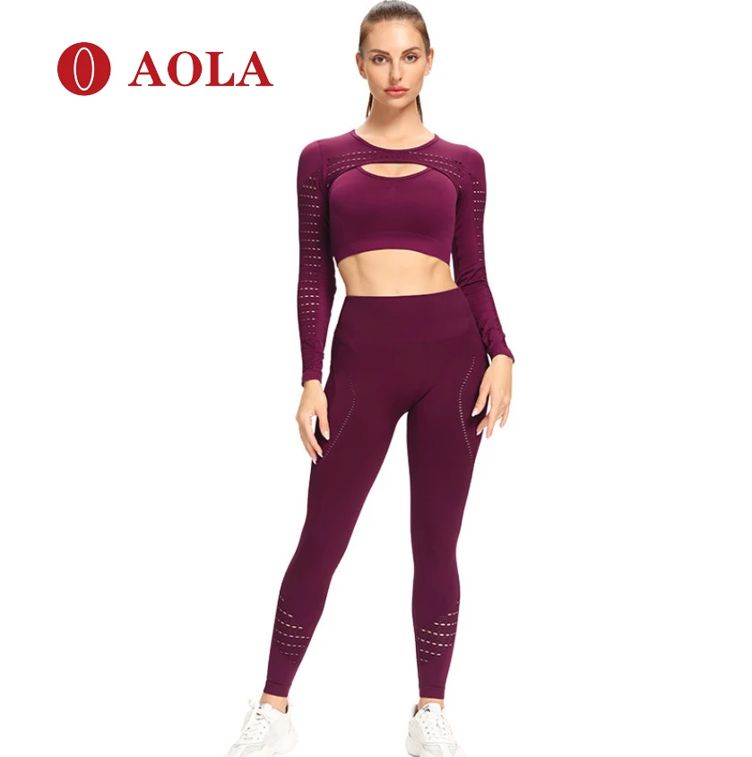 

AOLA Yoga Leggings And Bra Private Label Workout Nylon Unbranded Fitness Clothing Girl Pant Set Women, Picture shows