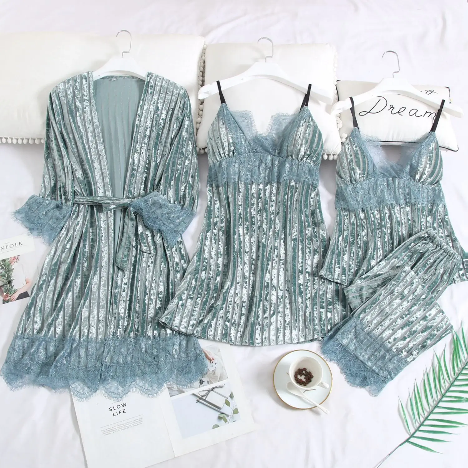 

Winter 4 Pcs Pajamas Pyjamas Women Sleepwear Lounge Wear Women Pijamas