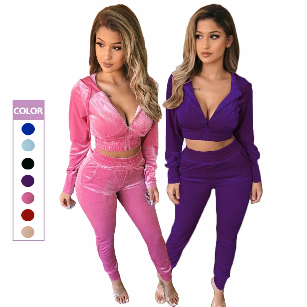 

Hot Selling plus size jogger set womens tracksuits 2 piece set winter pink velour tracksuit, Picture shows