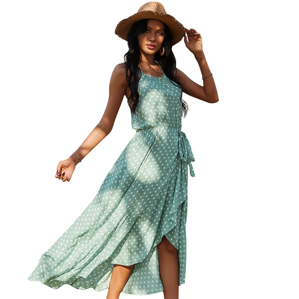 

In Stock 2021 Summer Boho Women A Line Dot Printed Slip Ruffles Hem Casual Midi Dress