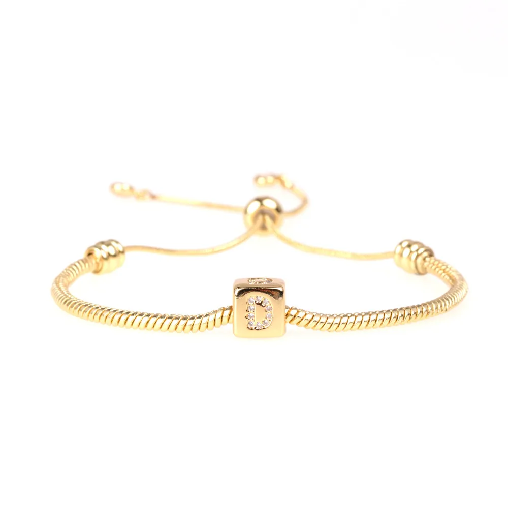 

2021 New Arrival Gold Tone Adjustable Snake Chain Slider Letter Bracelet Inlaid CZ Crystal Cube Initial Letter Bracelet