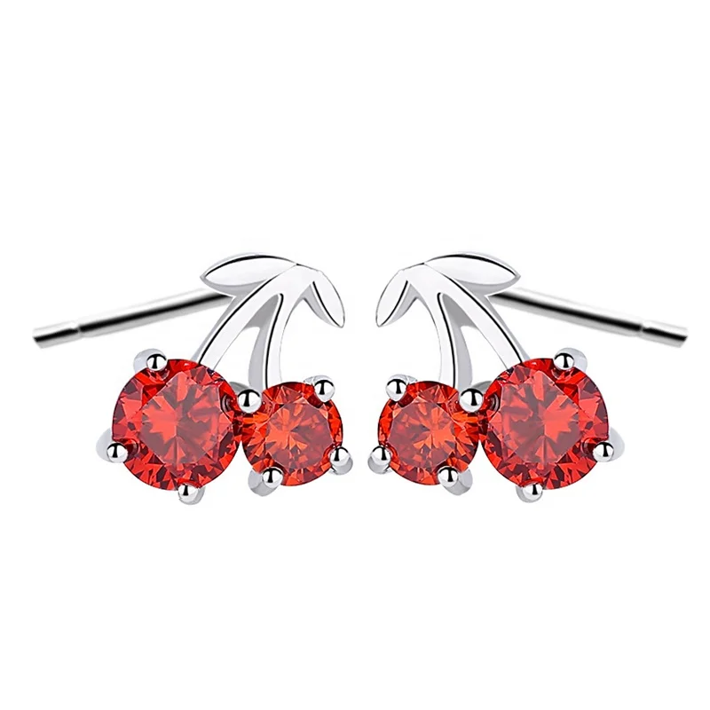 

925 sterling silver ruby delicate jewelry cherry earrings stud for girls, Red