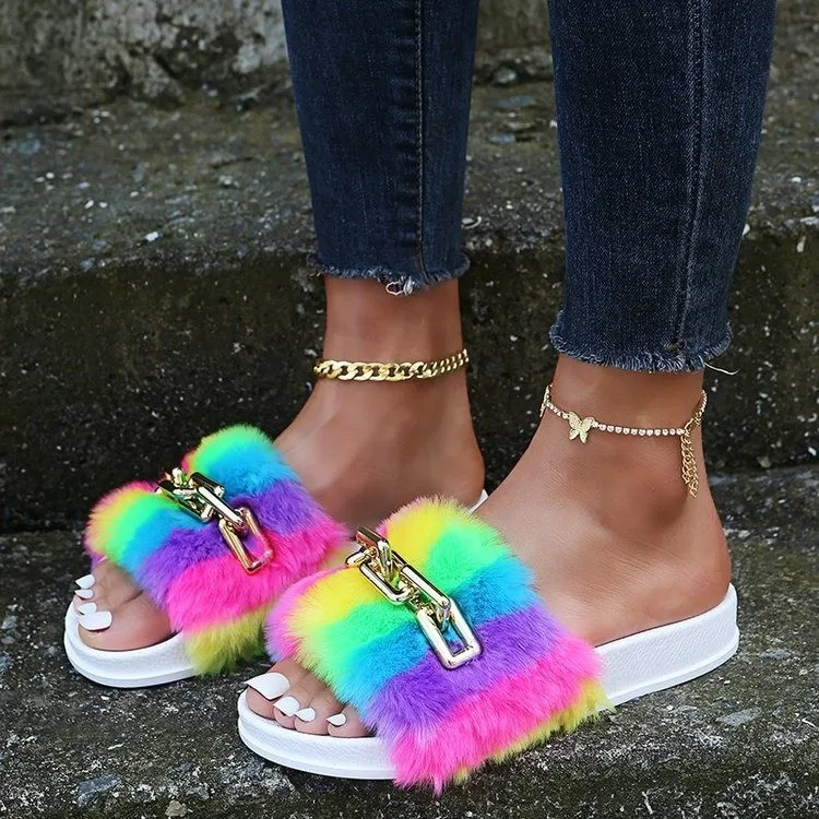 

New arrivals 2021 summer fashion female fluffy sandals women home flat chain slide slippers, Black,white