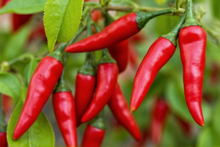 Close-up photograph of vibrant red Calabrian chili peppers growing on plant in Mediterranean climate, showing their slender tapered shape and deep crimson color
