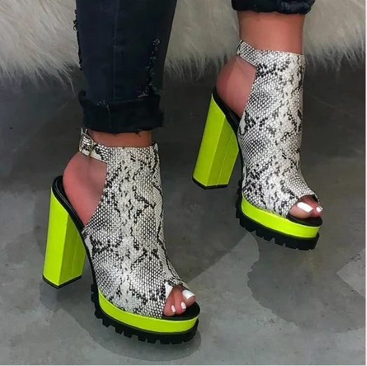 

2021 High heel summer shoes Women's Sexy Leopard Chunky heel sandals fish mouth ankle boots, Black , leopard , brown, green