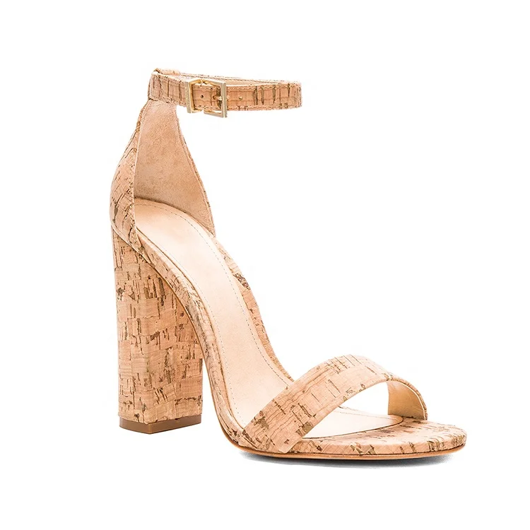 

2020 luxurious brand brown cork block heel and ankle strap customize logo sandals for women, Customized color