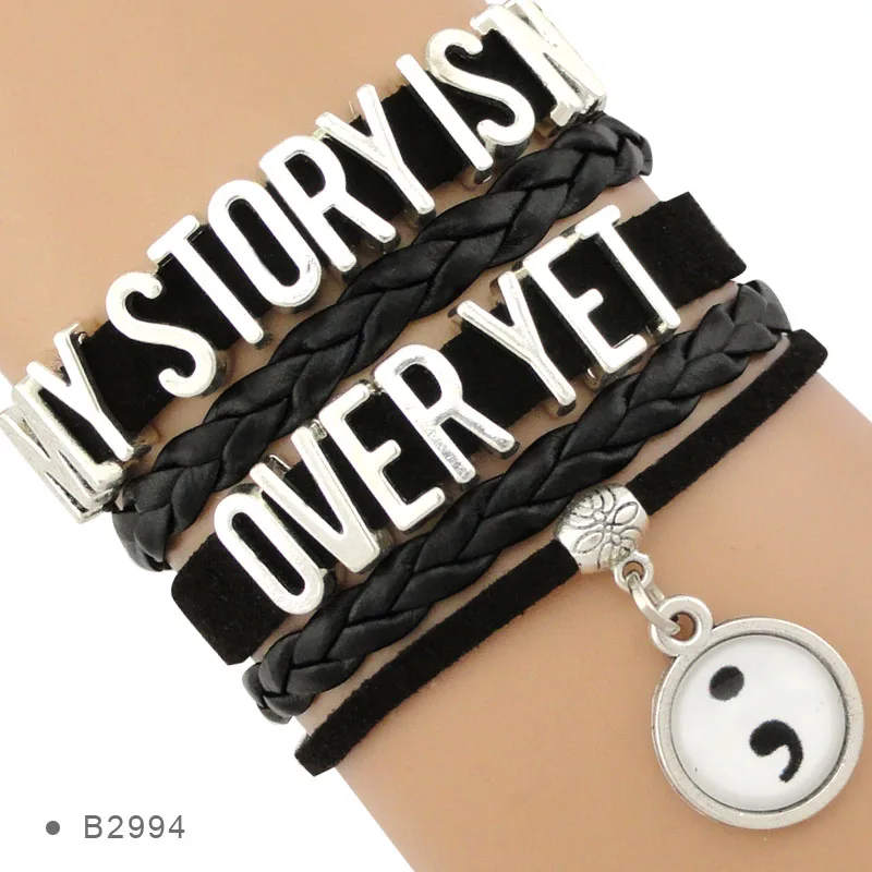 

Semicolon Theme My story lives on My Story is not over yet Mental Health Suicide Depression Awareness Leather Bracelets, Silver plated