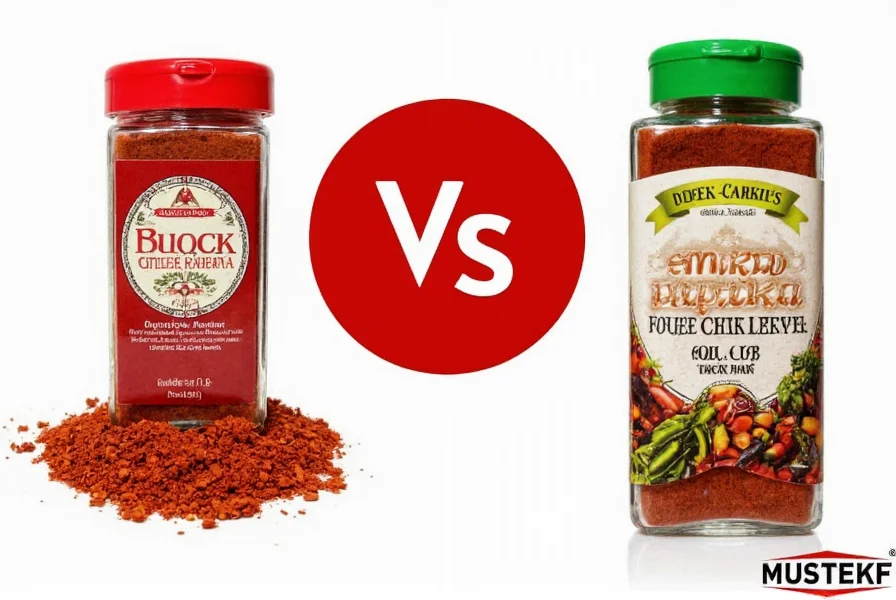 Close-up comparison of regular paprika and smoked paprika in spice jars