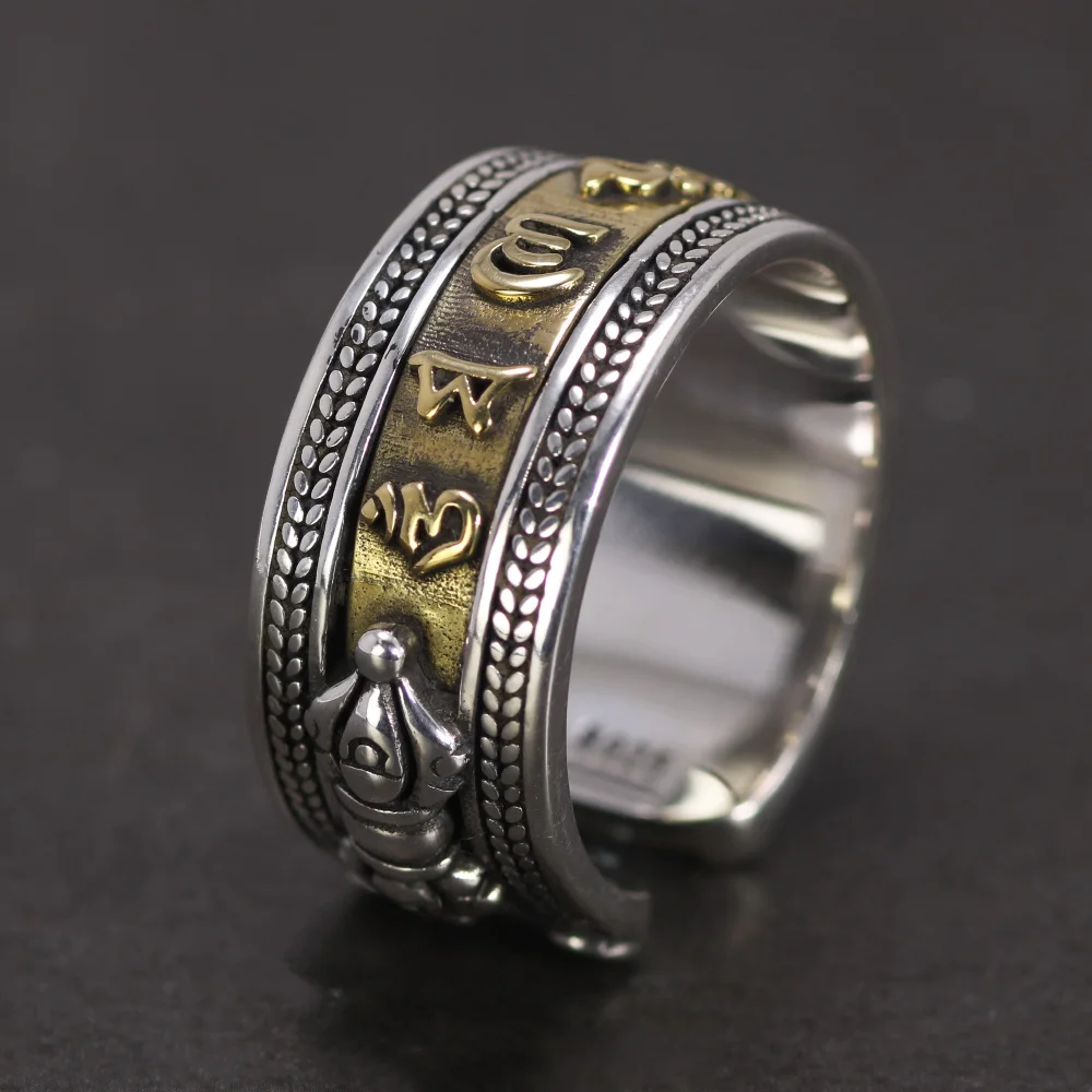 

925 Sterling Silver Tibetan Ring Mens Six Words Engraved Om Mani Padme Hum Vajry Pestle Mantra Ring Prayer Buddhism Jewelry