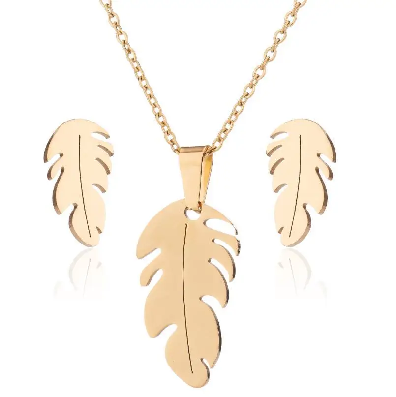

New Design Young Ladies Women Stainless Steel Charm Leaf Pendant Earring Stud Necklace Jewelry Set For Girls, Silver & gold color
