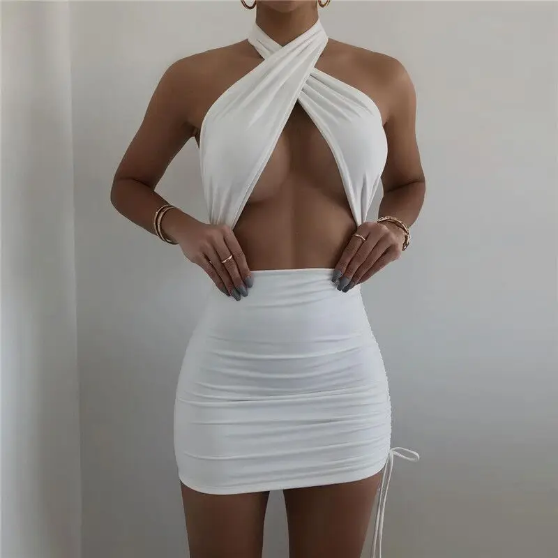 

FS3071D Hot sale women Sexy Summer solid colors halter hollow out Dress