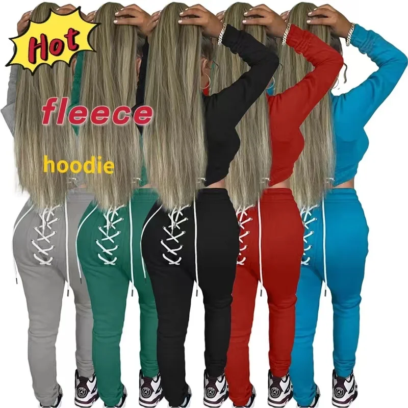 

Fall New Two Piece Pants Set Women Back Lace Up Hoodies And Butt Lace Up Joggers Custom Logo Fleece Sweatshirt Suit, As picture