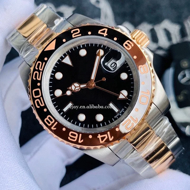 

Luxury Watch Ceramic Bezel Stainless Steel Strap GMT II Cerachrom Black - Brown Bezel 40mm Automatic Rose Gold Men Watches