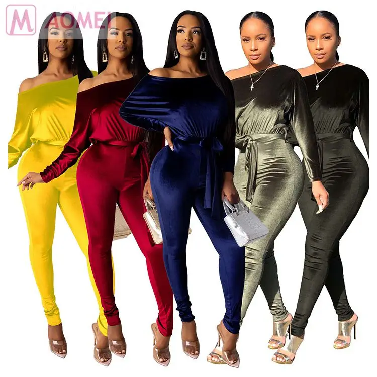 S7028 newest design velvet stretch off shoulder batwing sleeve Bodycon Casual Long Sleeve Jumpsuit
