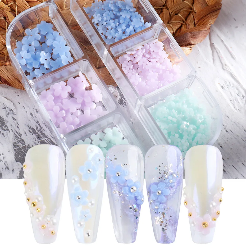 

6 Grid Discolor 3D White Flower Nail Accessories Resin Rhinestone Charms Pigment Stone DIY Nail Art Supplies Bead Manicure Tools, Multi