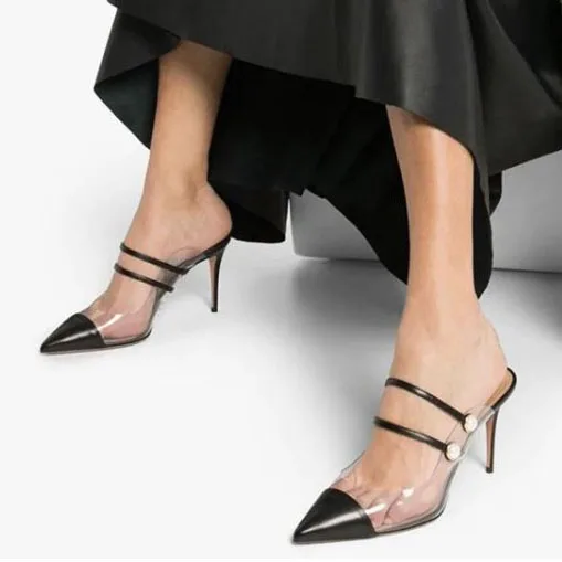 

Concise Design Clear Side Upper Thin Heel Low Cut Solid Slip-on Women Sandals Lady Pointy Toe Pumps Plus Size 45 Customized, Black