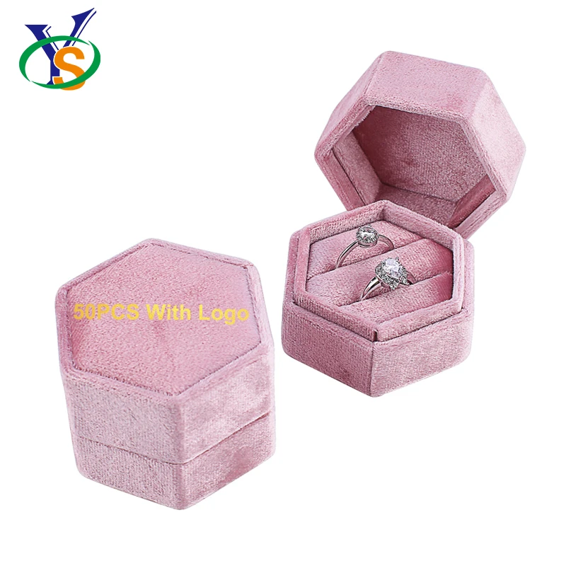 

Customized Elegant pack small travel velvet hexagon ring box fashion women jewellery wedding ring boxes pink