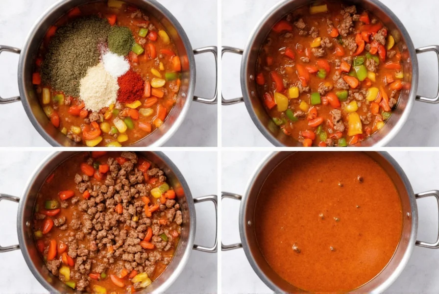 Easy stuffed pepper soup recipe step-by-step preparation with diced bell peppers, ground beef, and spices in a stainless steel pot