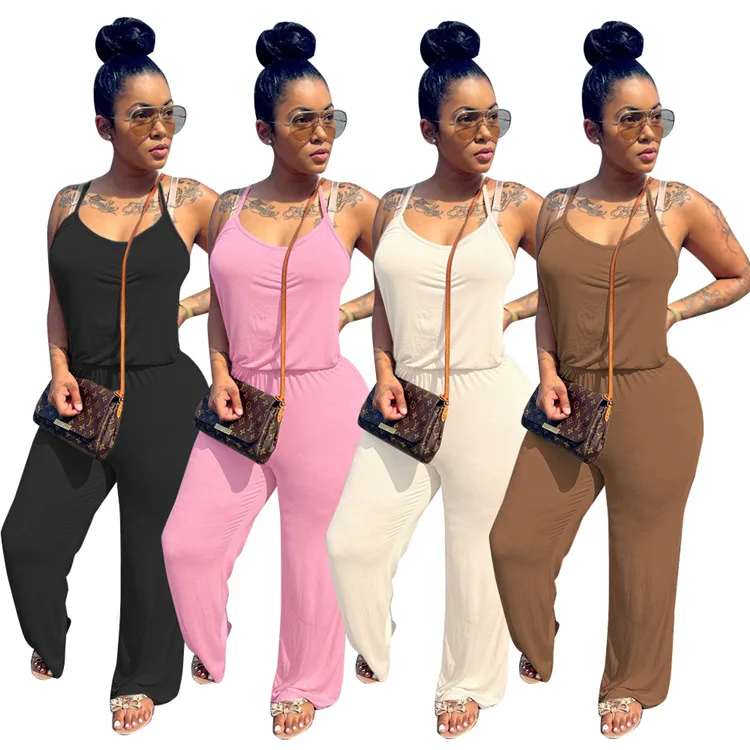 

2021 New Arrivals Cotton Solid Sleeveless One Piece Jumpsuit Women Wide Leg Pants Bodysuits For Women's Casual Romper, As picture