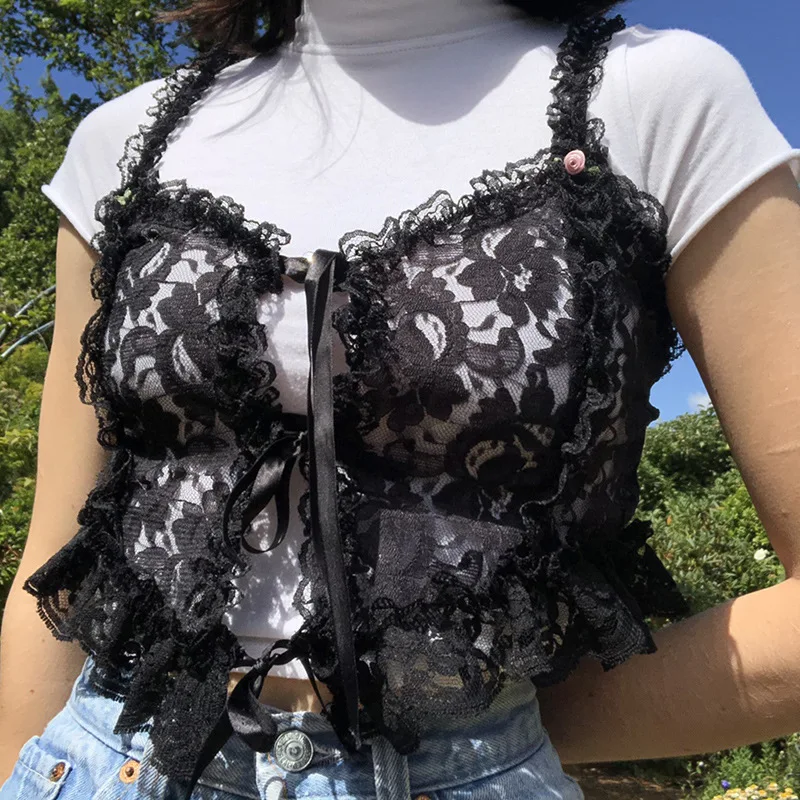 

ZJ0966 Lace Sexy Gothic See Through Camis Black Mall Goth E-Girl Ruffles Crop Tops Women Backless Sleeveless Bandage Clothes