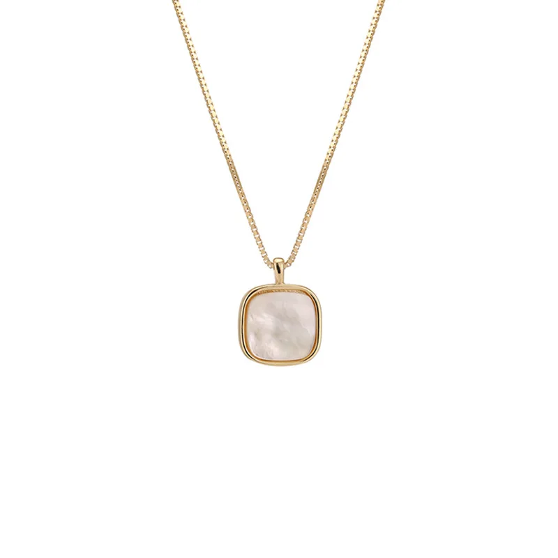 

S925 Sterling Silver Gold White Mother of Pearl Square Pendant Necklace for Women Trendy Jewelry, Gold, platinum