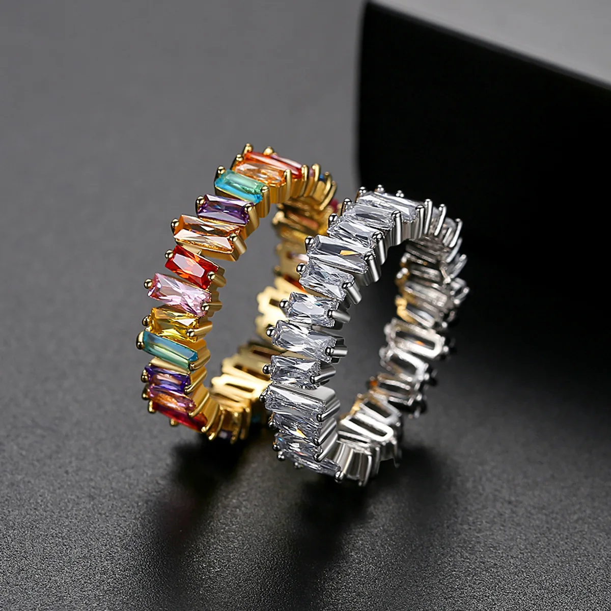 

Colorful Zircon women Ring Hip Hop New Rainbow T-shaped Zircon Claw Set Ring Street fashion ring