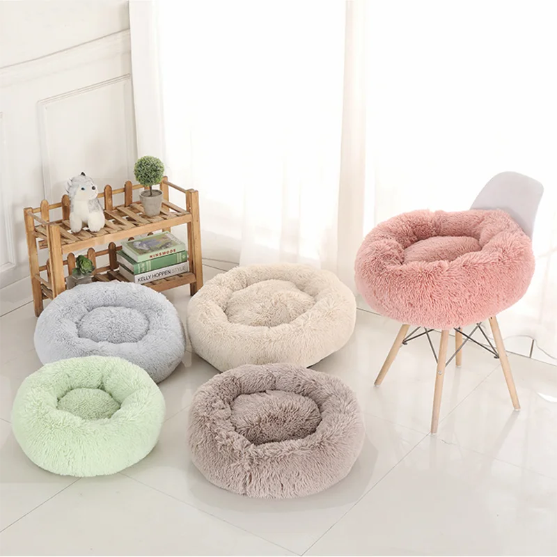 

Dropshipping Soft Washable Cat Bed Long Faux Fur Pet bed Comfortable waterproof Plush Donut Round Dog Bed Removable Pet Cushion, Gray