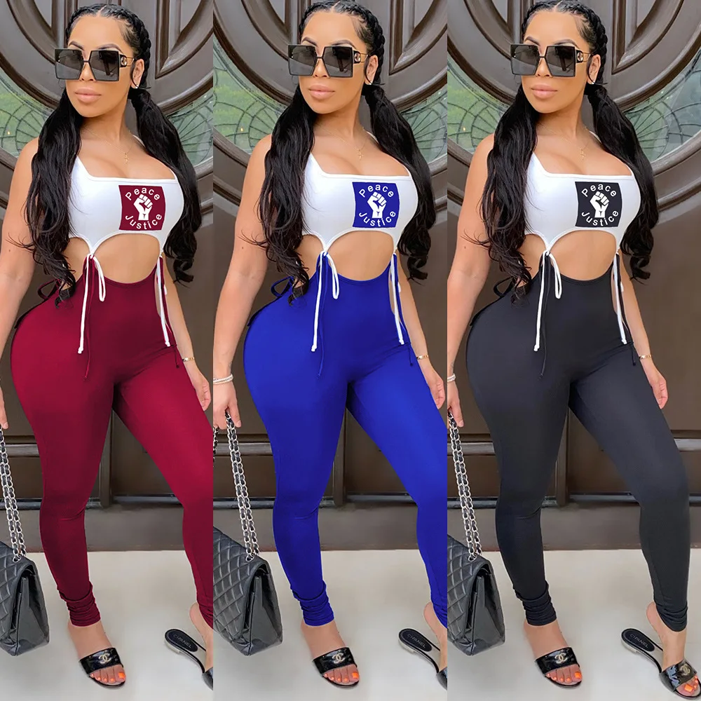 

Fitness Jumpsuit Summer 2020 Sportswear Lace-Up Crop Top with Leggings Pants Body Rompers Women Jumpsuit 2piece Sets for Women