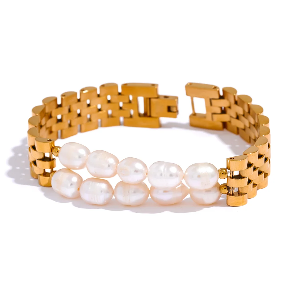 

JINYOU 2378 Luxury Natural Pearls Cuban Chain 316L Stainless Steel Bracelet Bangle High Quality Women Gold Color Premium Jewelry