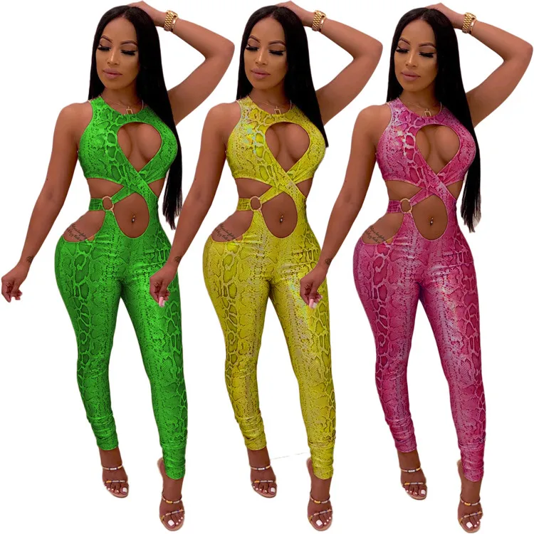 

Europe and America hollow out sexy romper sleeveless print snake skin jumpsuit