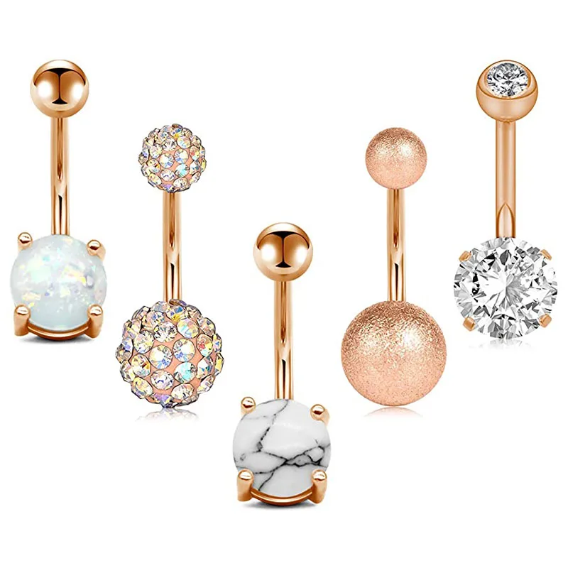 

5Pcs/Set Hot Sale Opal Zircon 14G Belly Button Bar Ring 316L Stainless Steel Ring Navel Barbell Body Piercing Jewelry, Silver ,rose gold