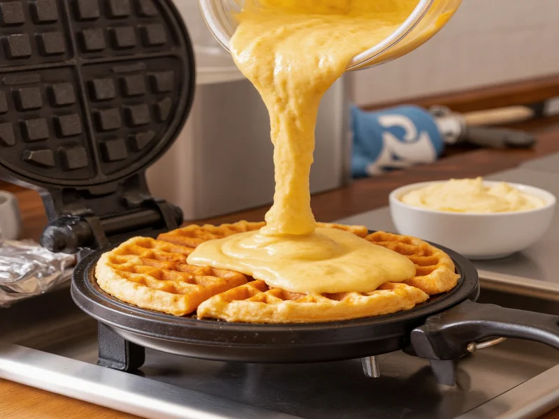 Pouring waffle batter into preheated iron