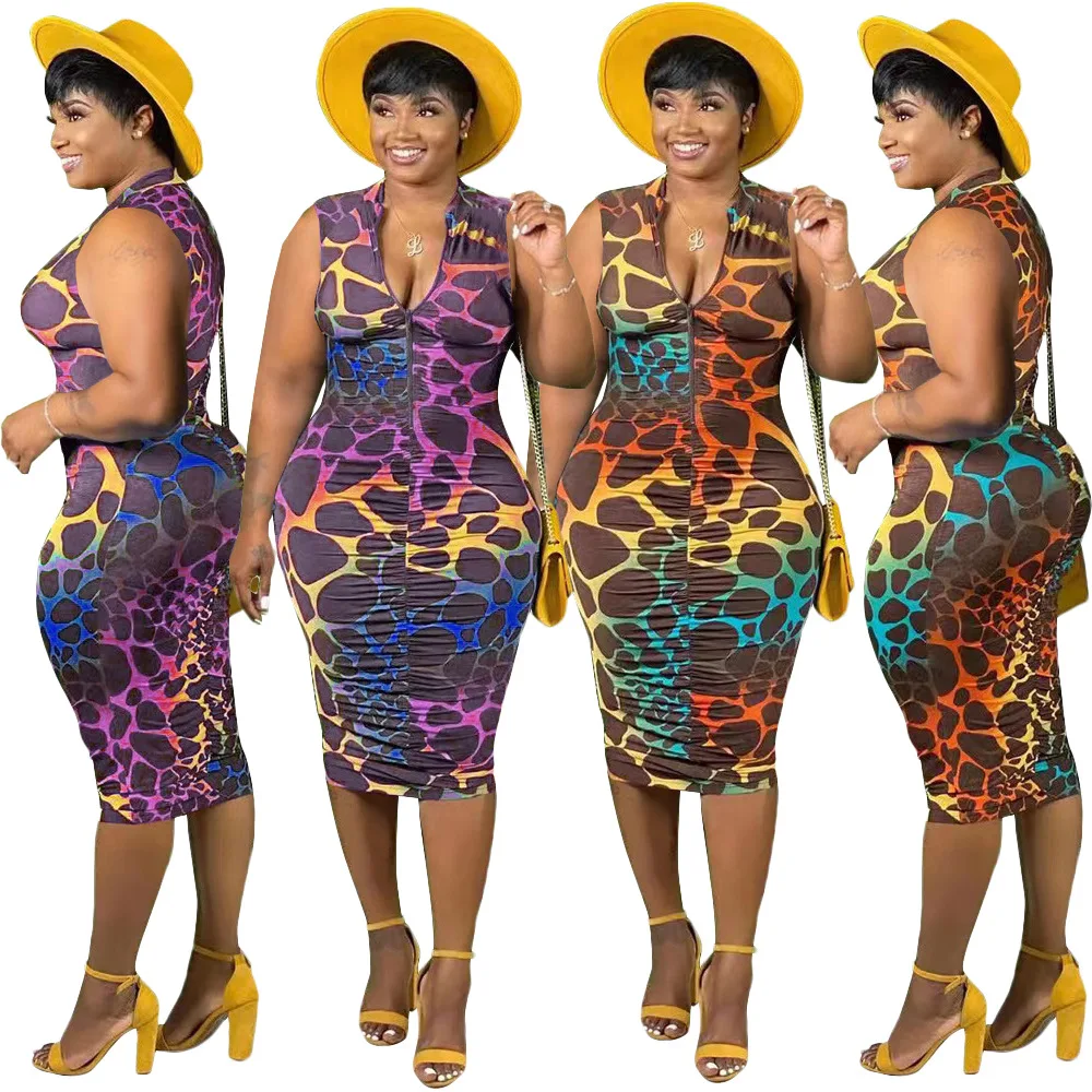 

New Arrivals Summer Sexy Fashion Leopard Floral Print Sleeveless Club Pleated Casual Dresses Plus Size Women's Dresses, Purple,brown