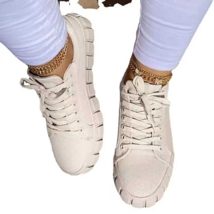 

2021 new ladies round toe platform lacing canvas shoes large white shoes single shoes wholesale, Picture