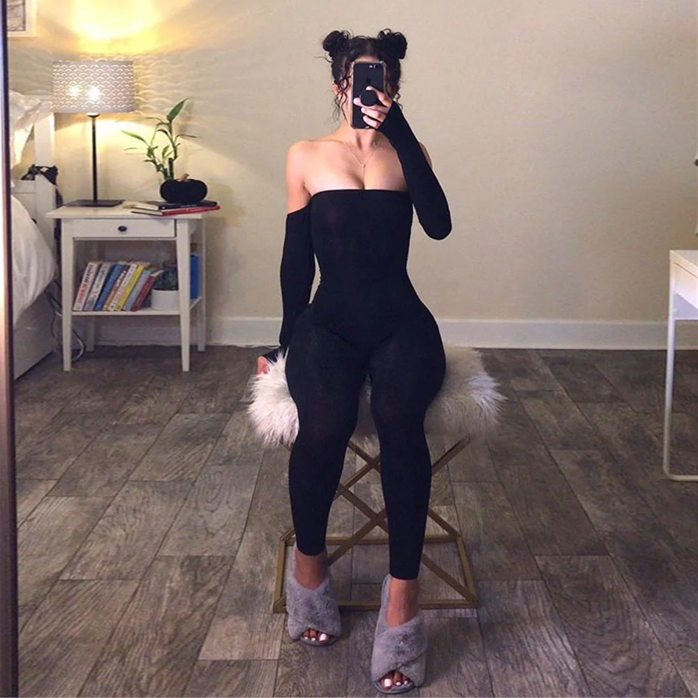 

2021 Fashion Design Women One Shoulder Sexy Solid Color Black Long Jumpsuit