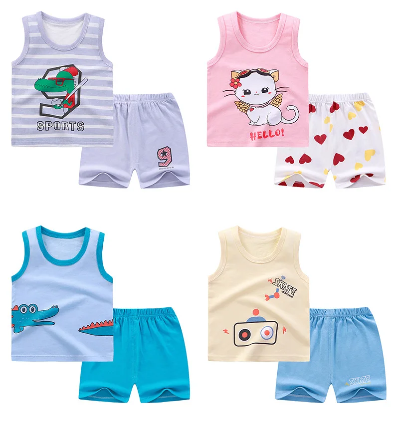 

Enssy cartoon cotton print 2 piece summer baby clothes sleeveless children's vest nightwear pajama outfit sets for kids