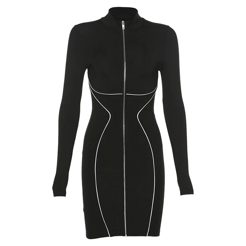 women dress turtleneck full sleeve sexy long dresses Zipper cardigan fashion Reflective striped patchwork ladies skinny