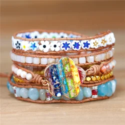 YueTong High End Handmade 7 Chakra Flower Charm Beaded Leather Wrap Bracelet Boho Multi Colors Beads Bracelet For Girl Wholesale