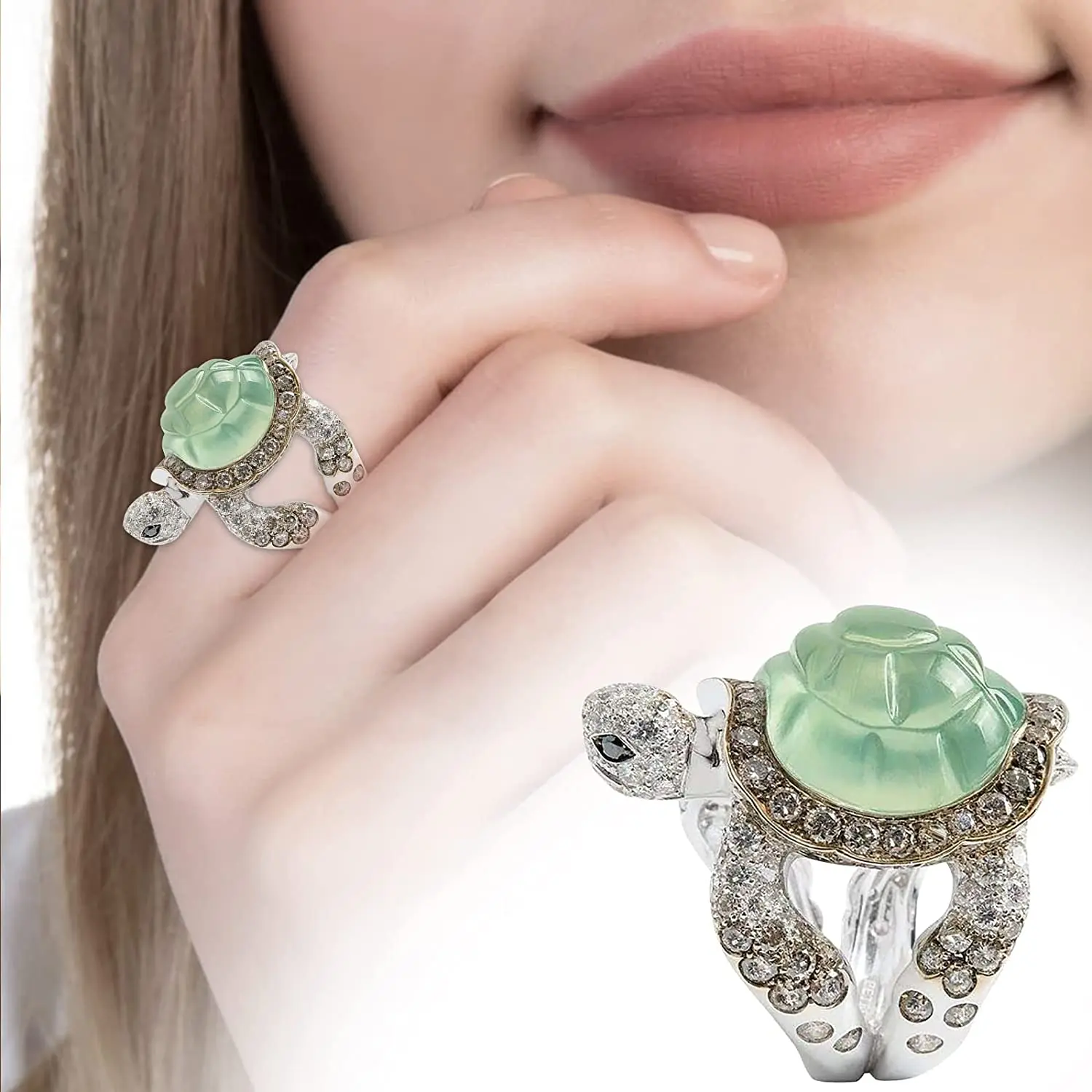 

Trendy Fashion Retro Green Gemstone Ring Jewelry Mothers Day Gift Shinny Glossy Diamond Ring Cute Sea Turtle Rings for Women, Silver
