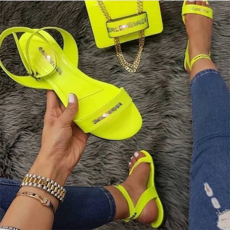 

Neon Green Female Shoes Fashion Design Ladies Flat Shoes Sandalias Flat Slides Open Toe Women Sandals